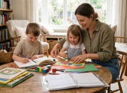 Mother-and-children-engaging-in-a-screen-free-crafting-activity-at-home