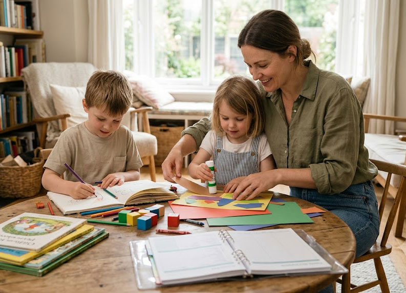 Mother-and-children-engaging-in-a-screen-free-crafting-activity-at-home
